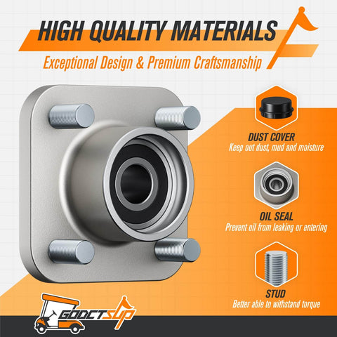 Front Wheel Hub Assembly With Dust Cover For Club Car DS And Precedent Golf Carts 2003 And Up Tempo 2018 And Up Gas Or Electric Models Two Pack OEM 102357701 Replaces Front Wheel Bearings shown with oil seal and studs.