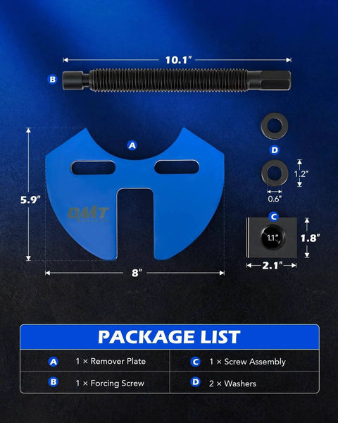 Components of Wheel Hub Removal Tool Kit including remover plate, forcing screw, washers, and assembly compatible with 5 6 8 lug hub assemblies.