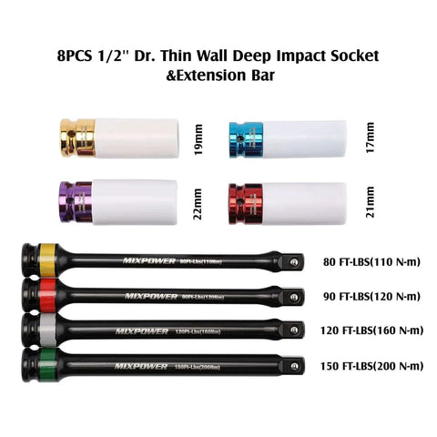 1/2-inch Drive Wheel Protector Impact Socket& 8 inch Coded Torque Limiting Socket Extension Bar 8pcs Tire Deep Socket Set