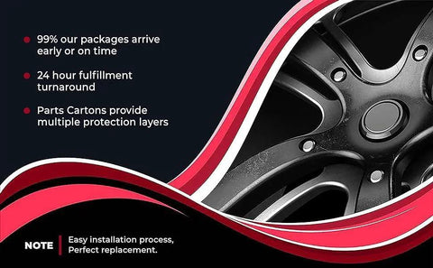 Close-up of a car wheel with red and black abstract design promoting easy installation and quick delivery