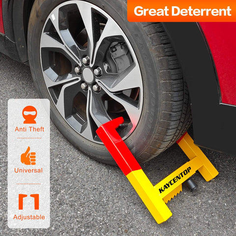 Heavy Duty Universal Wheel Lock Clamp With All Welded Steel Construction And Brass Lock Core Waterproof Cover, installed on car tire