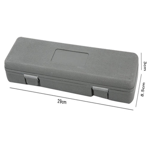 Emergency Wheel Repair Kit With One Half Inch Drive, Eight To Twenty One Millimeter Six Point Wheel Bolt Sockets, Nut Remover Torque Wrench, Heavy Duty Steel, Portable Organizer Case For Easy On The Go Tire Fix in closed gray portable case with dimensions.