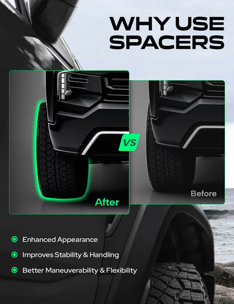 Comparison of before and after installing 5x120 Hub Centric Wheel Spacers 5 Lug 1 Inch For BMW 1 Series Through 8 Series And M Models 72.56mm Hub Bore 4 Pack Black With M12x1.5 Grade 10.9 Studs, showing improved wheel stance and clearance.