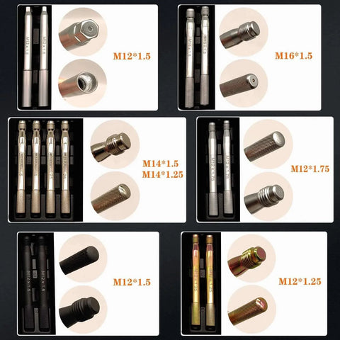 14Pcs Wheel Stud Alignment Pin Set with various M12-M16 thread sizes, shown in metallic finish and packaged set.