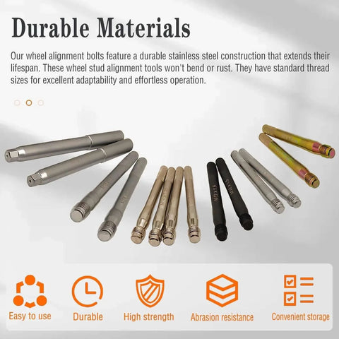 14Pcs Wheel Stud Alignment Pin Set made of stainless steel, showing various thread sizes for vehicles and hub alignment.