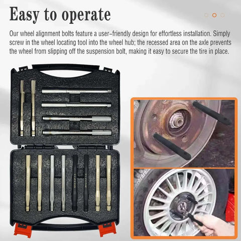 Open case displaying 14Pcs Wheel Stud Alignment Pin Set, close-ups of pins in use on vehicle hub.