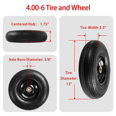 ✝️ (2-pack) 4.00-6 wheelbarrow tires, 13 inch pneumatic tire and wheel with 5/8" bearings, 1.75" hub size, side view dimensions
