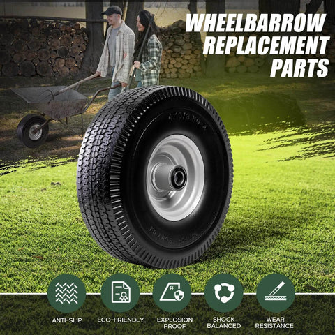 Wheelbarrow replacement featuring 4.10/3.50-4 tire & wheel flat free, heavy duty solid PU non-inflated tires, suitable for garden carts.