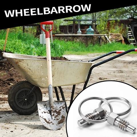Wheelbarrow and shovel in yard, inset of 2 Pack Stainless Steel Spring Plunger with Pull Ring, 1/4-20 Thread Non-Locking Stubby Hand-Retractable Index Plungers.