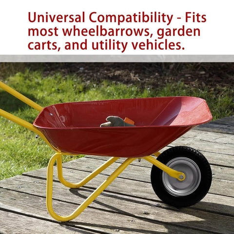 Red wheelbarrow with 14.5" wheelbarrow tire, 3.50-8" flat-free solid tire and wheel, showing universal compatibility feature.