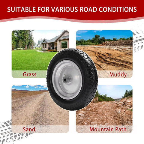14.5" wheelbarrow tire, 3.50-8" flat-free solid tire with hub, shown on grass, mud, sand, mountain path for versatility