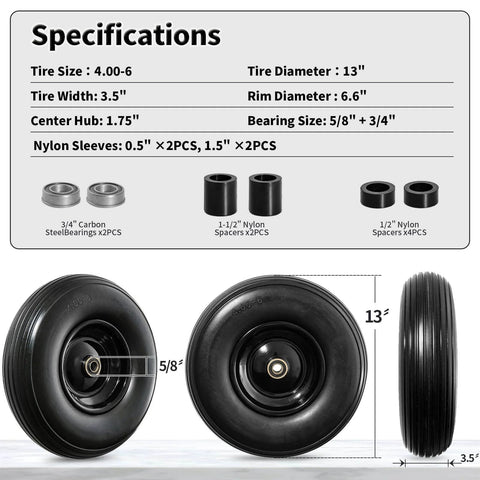 Specifications for Wheelbarrow wheel 4.00-6 tire 13 flat free wheelbarrow tires, solid wheel barrow wheels with bearings and spacers.