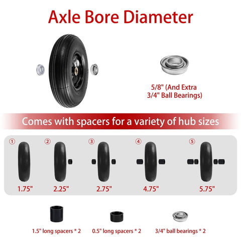 Axle bore sizes and spacers for ✝️ (2-pack) 4.00-6 wheelbarrow tires, 13 inch pneumatic tire and wheel with 5/8" or 3/4" bearings