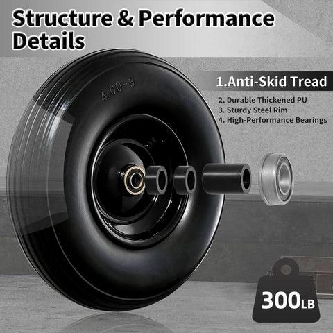 Close-up of wheelbarrow wheel 4.00-6 tire 13"flat free with anti-skid tread and bearings, showing structure and performance details.