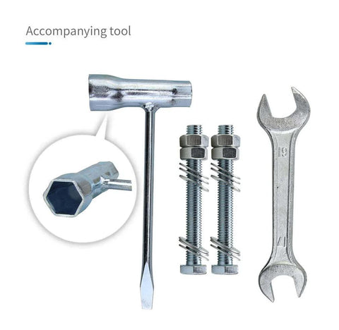 Set of tools including a T-wrench, bolts, and a spanner, accompanying the 12 Inch Wheelchair Wheels Replacement (1 Pair)