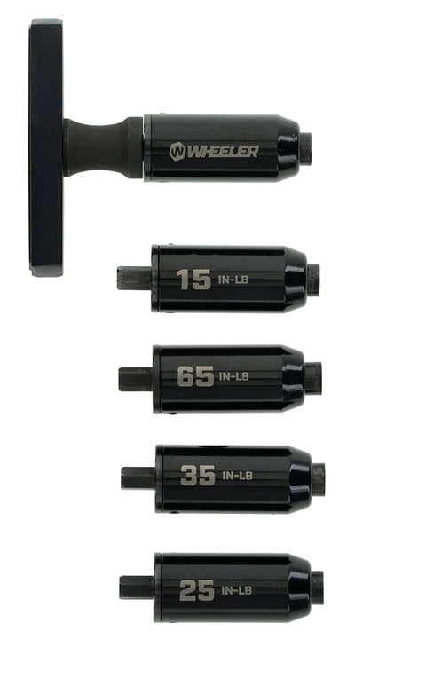 Close-up of Wheeler F.A.T. Stix with 5 torque limiters for firearm building and maintenance. Stix with 12 Screwdriver Bits, 5 Torque Limiters, and Storage Case.
