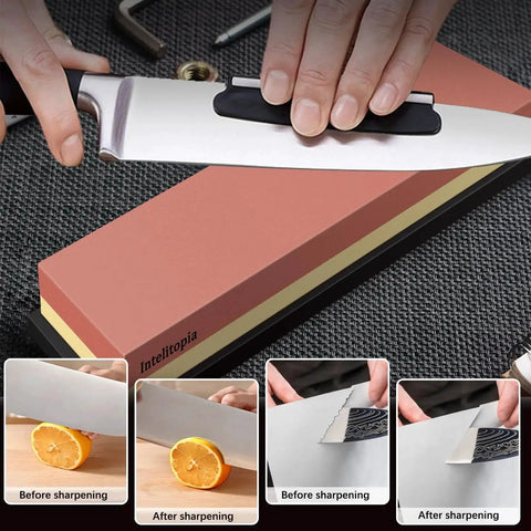 Complete Knife Sharpening Stone Set With Dual Grit Whetstones Grit 400 1000 And 3000 8000 in use with angle guide on kitchen knife.