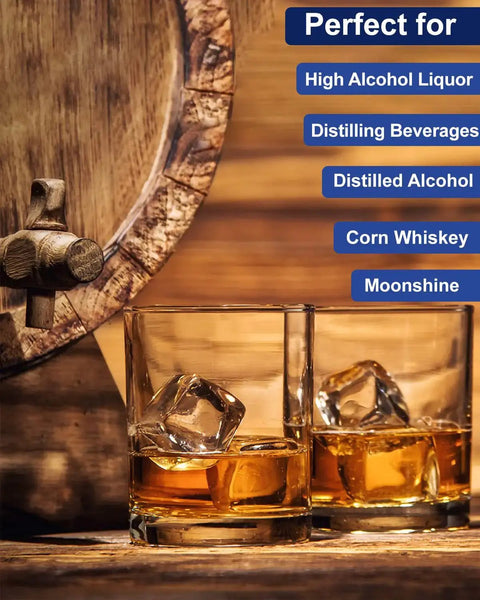 Two glasses of whiskey with ice next to a wooden barrel, showcasing perfect use for high alcohol liquors and moonshine.