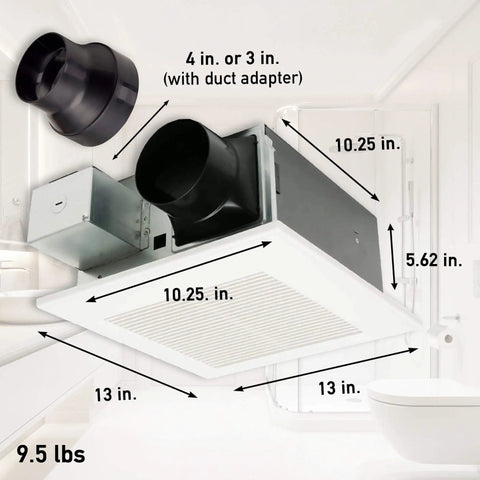 WhisperFit Retrofit Ceiling Mount Bathroom Exhaust Fan With DC ECM Motor, Energy Star, SmartFlow Technology, 50 80 110 CFM dimensions shown
