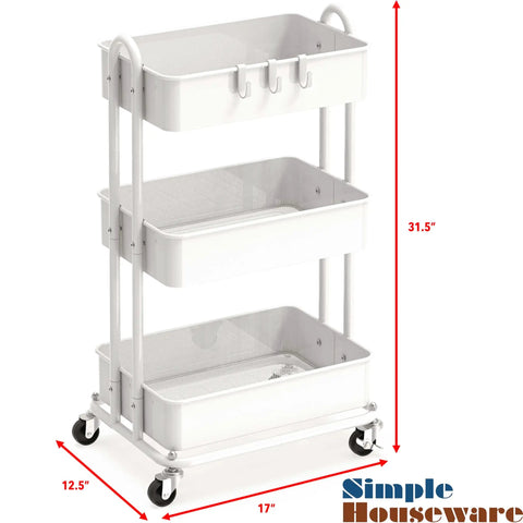 Sturdy 3-Tier Metal Utility Cart On Wheels In White, Heavy Duty Steel Frame With Durable Baskets, Four 2-Inch Casters