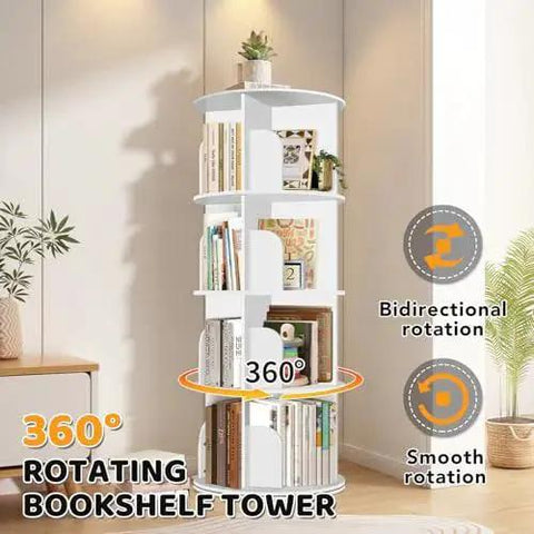 Four Tier Rotating Bookshelf Tower With 360 Degree Spin For Corner Spaces in white finish, displayed in a living room setting.