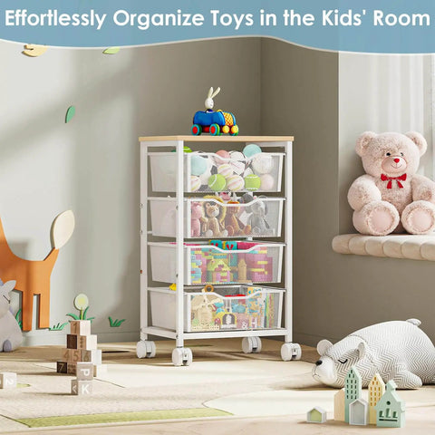 Rolling Storage Cart With Four Drawers And Wooden Top Metal Frame Lockable Wheels And Smooth Slide Drawers A Must Have Craft Organizer For Living Room Bedroom Office And Classroom In Bright White filled with toys.