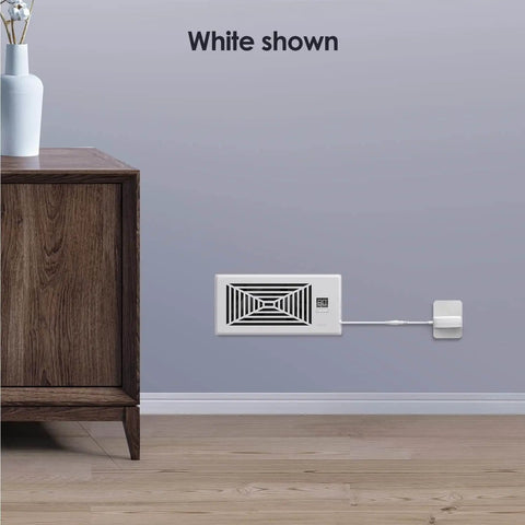 Installed Quiet 4 By 10 Inch Register Booster Vent Fan With 10 Speed Smart Remote And Thermostat Control For HVAC, white finish on wall.