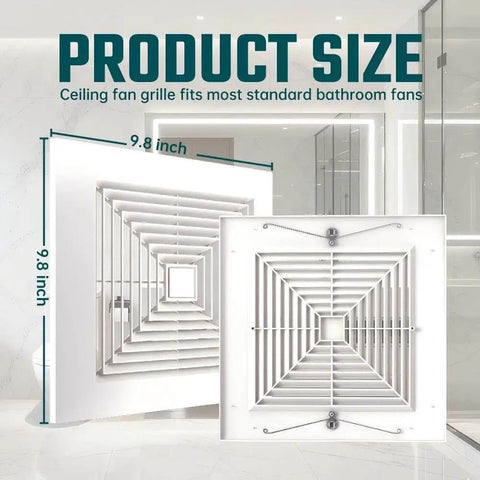 Front and back view of Spring Loaded 10x10 Inch Bathroom Exhaust Fan Cover In White ABS Plastic Square Ceiling Or Wall Mount Grille Replacement With Air Diffuser Standard Lightweight Size Fits 10x10 In Grilles Easy Install