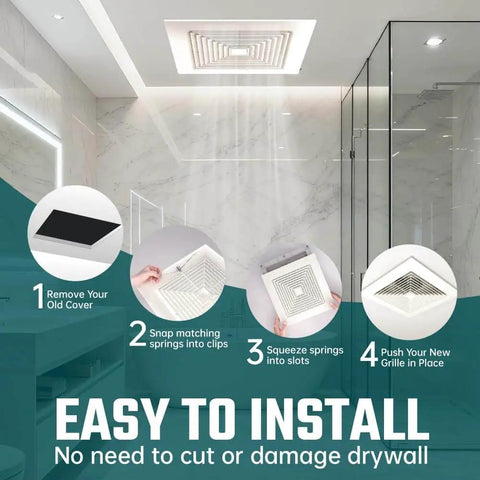 Spring Loaded 10x10 Inch Bathroom Exhaust Fan Cover In White ABS Plastic Square Ceiling Mount Grille Replacement Installed
