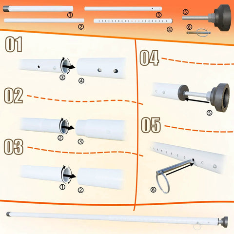 Adjustable Sliding Door And Window Safety Rods Four Pack 17 To 50 Inch Rubber Tip Locks Durable Window And Door Security Bars For Home Apartment Travel And Patio White Child Safe For Kids And Pets, showing assembly and features in diagrams.