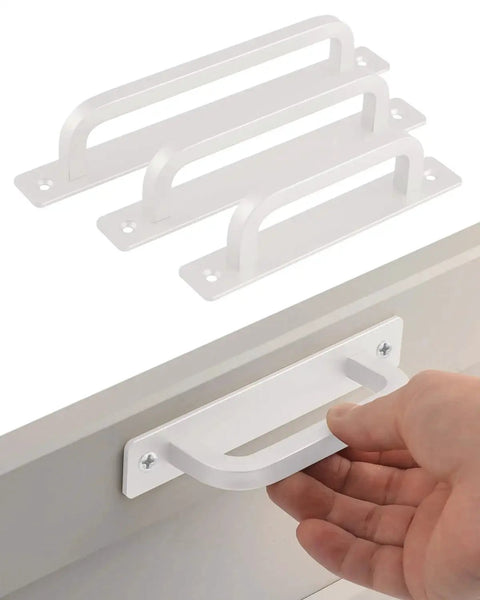 5 Pack 6 Inch White Aluminum Cabinet Handles No Drill Self Adhesive With Base Plate shown installed on cabinet