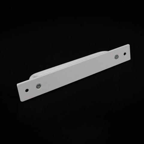 Two White Aluminum Barn Door Handles With Screws For Cupboard Cabinet Wardrobe And Drawer, side view on black background.