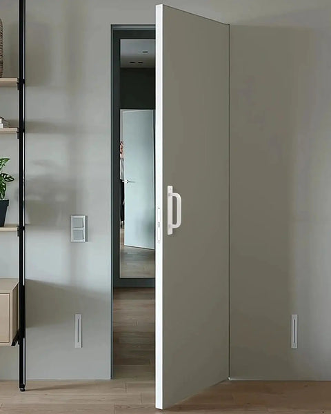 5 Pack 6 Inch White Aluminum Cabinet Handles No Drill Self Adhesive With Base Plate, installed on a modern door.