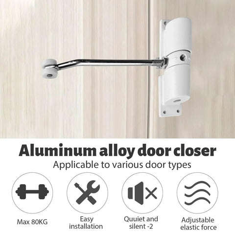 Aluminum alloy door closer mounted on a wooden door, designed for various door types with adjustable elastic force and easy installation