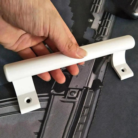 2-Piece 8-Inch Aluminum Sliding Door Handle Set For Balcony Glass Bathroom Sliding Closets And Warehouse Doors Modern Ergonomic Oval Bar Pull Durable Anti Rust Aluminum Alloy Handle For Easy Grip being held showing ergonomic grip and rust-resistant material.