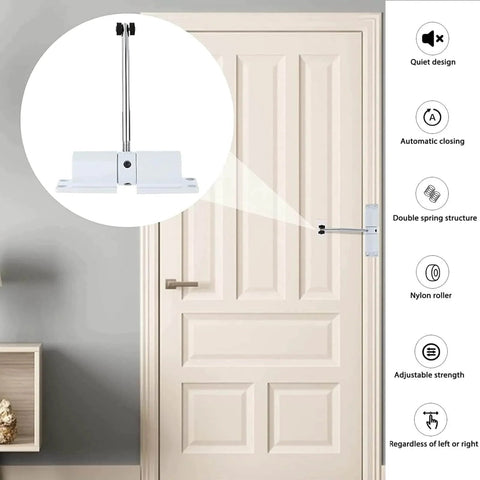 Automatic Door Closer, Zinc Alloy Safety Spring Door Closer Adjustable 30 kg Closing Door Hinge (White) installed on door.