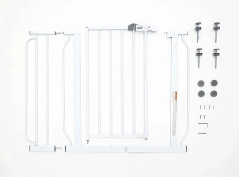 Extra Wide Baby Gate For Doorways And Bottom Of Stairs Adjustable From 29 To 38 Inches 30 Inches Tall With 6 Inch Extension Pressure Mounted Safety Gate For Babies Toddlers And Pets American Designed And Owned White, disassembled view with all components laid out on a white background.