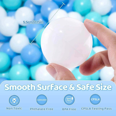 Hand holding a white ball from Ball Pit Balls for Toddlers, BPA Free Crush Proof Plastic Toy Balls for Ball Pit, Children's Pool Water Toys Pack.