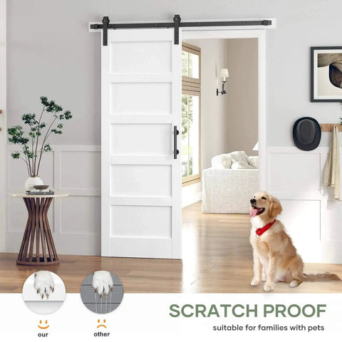 White 32x84 Inch Sliding Barn Door Slab With 5-Panel MDF Panels, Waterproof Scratch-Resistant PVC Surface installed in living room
