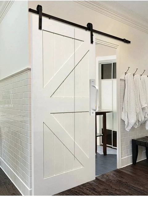 Pack Of 2 Aluminium Alloy Sliding Barn Door Handles And Cabinet Pulls, Durable Silver Drawer Knobs For Kitchen Cabinets And Furniture installed on a white door