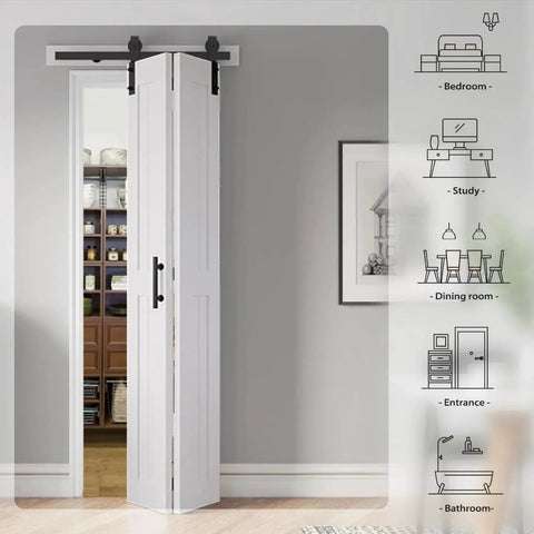 White Bi-Fold Barn Door 56 X 84 Inches With Double Folding Sliding Panels, Solid MDF With Waterproof PVC Surface installed view