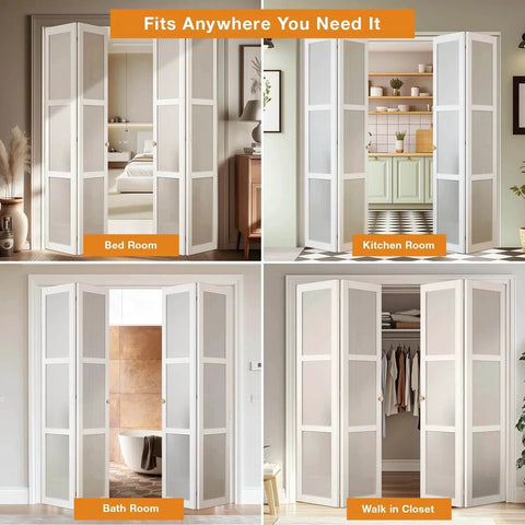 Bifold Door Hardware Kit, 2-Pack 30-Inch Bi-fold Closet Door Track Kit in bedroom, kitchen, bathroom, and walk-in closet settings