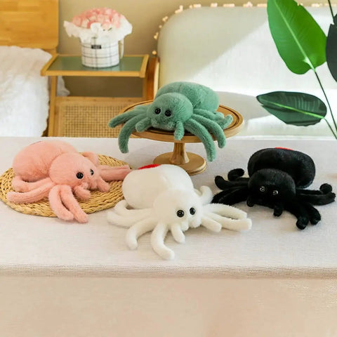 White Spider Plush Stuffed Animal Toy For Kids With Ultra Soft 9.8 Inch Jumping Spider Plushie among colorful stuffed spiders