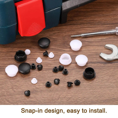 Six Millimeter White Plastic Snap In Shelf Hole Plugs Flush Caps 100 Pack For Furniture Cupboard By Uxcell on table with tools