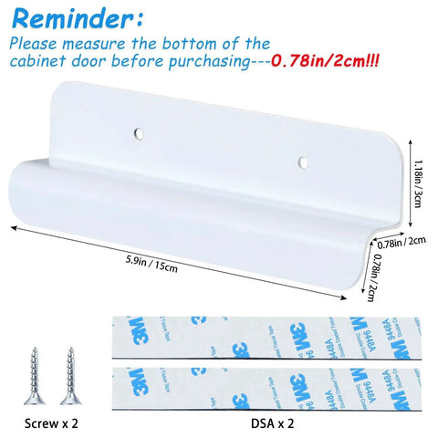 White Cabinet Foot Pull For Trash Can With Touchless Operation showing dimensions and included screws and adhesive strips.