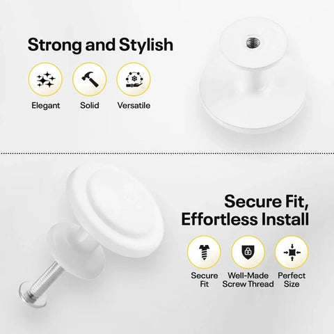 White Cabinet Knob Set 10 Pack For Kitchen Cabinets Drawers Closets And Doors Premium Zinc Alloy Solid Build with sleek finish two angled views