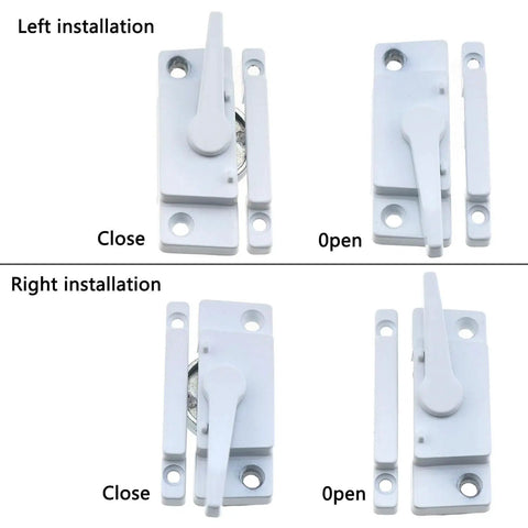 Cam action sash lock provides strong security for sliding windows, showing open and closed positions for left and right installations.