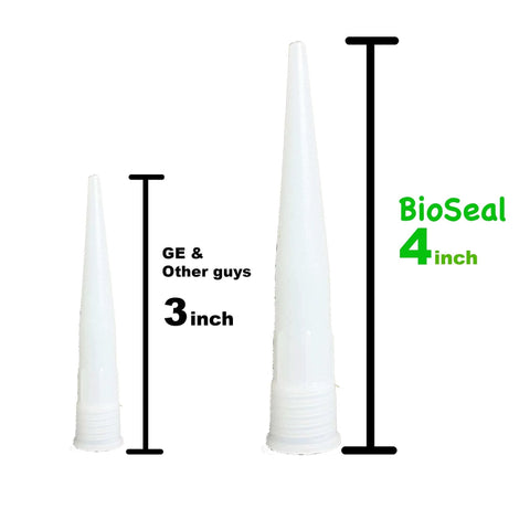 Comparison of two caulk nozzles showing BioSeal 4 inch and GE & Other guys 3 inch sizes for Waterproof 100 Percent Silicone Caulk And Sealant For Bathrooms And Kitchens, 10 Oz Cartridge, Clear, Low Odor, Wont Yellow, UV Resistant, Quick Set, 30 Minute Water Ready, Durable Indoor Outdoor Sealant, Pack Of 10.