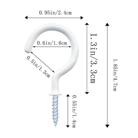 White metal screw-in hook with dimensions showing 0.6in diameter and 1.85in length, ideal for hanging light items.