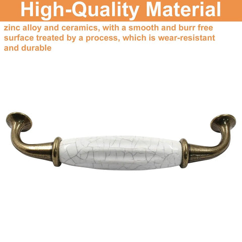 Front view of a bronze and white handle from 5 Pcs White Ceramic Drawer Pulls With 128mm Hole Centers Vintage Style Cabinet Dresser Kitchen Hardware.
